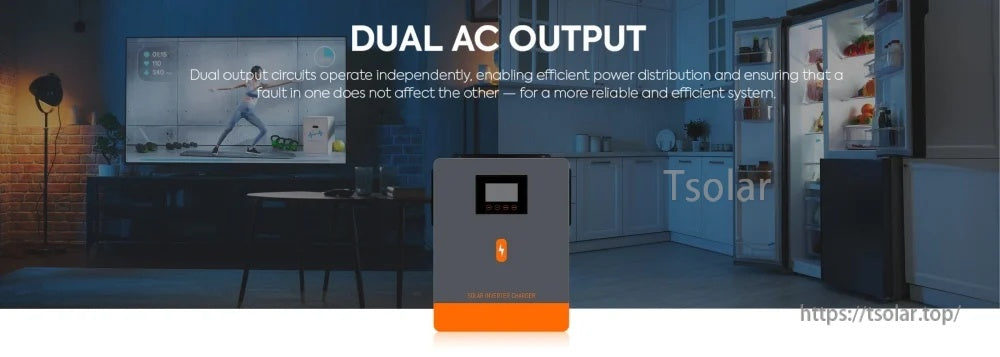 Dual AC output feature graphic for PowMr 10.2kW hybrid solar inverter, supporting two load outputs