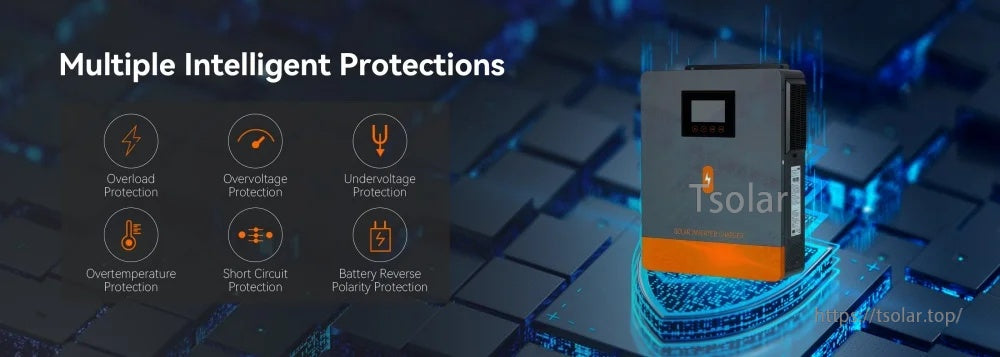 Multiple intelligent protections icons: overload, overvoltage, undervoltage, overtemperature, short circuit, reverse polarity
