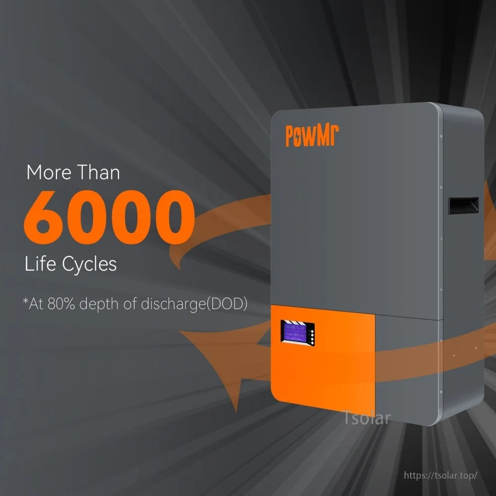 PowMr LiFePO4 storage battery highlighting 6000+ life cycles at 80% depth of discharge (DOD)