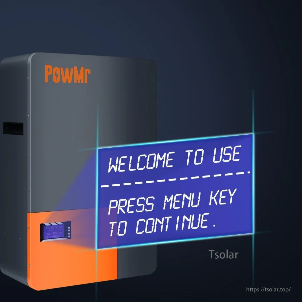 PowMr battery front display with LCD prompt: “WELCOME TO USE PRESS MENU KEY TO CONTINUE.”
