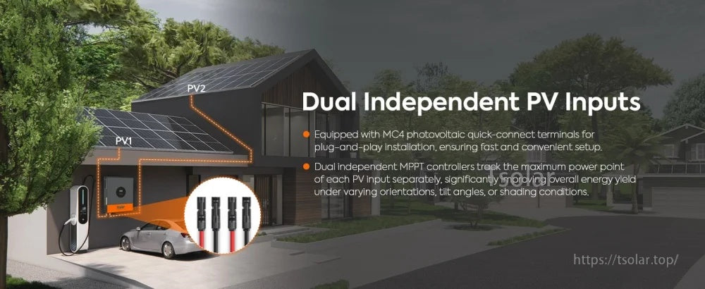 Dual independent PV inputs with MC4 connectors for the PowMr hybrid inverter, supporting dual MPPT solar charging