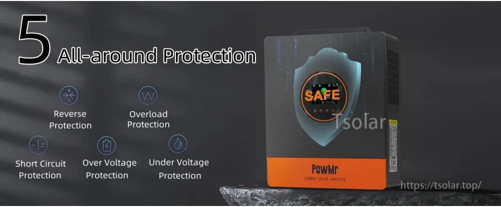 All-around protection features for PowMr 48V hybrid inverter: reverse, overload, short circuit, over/under-voltage safeguards