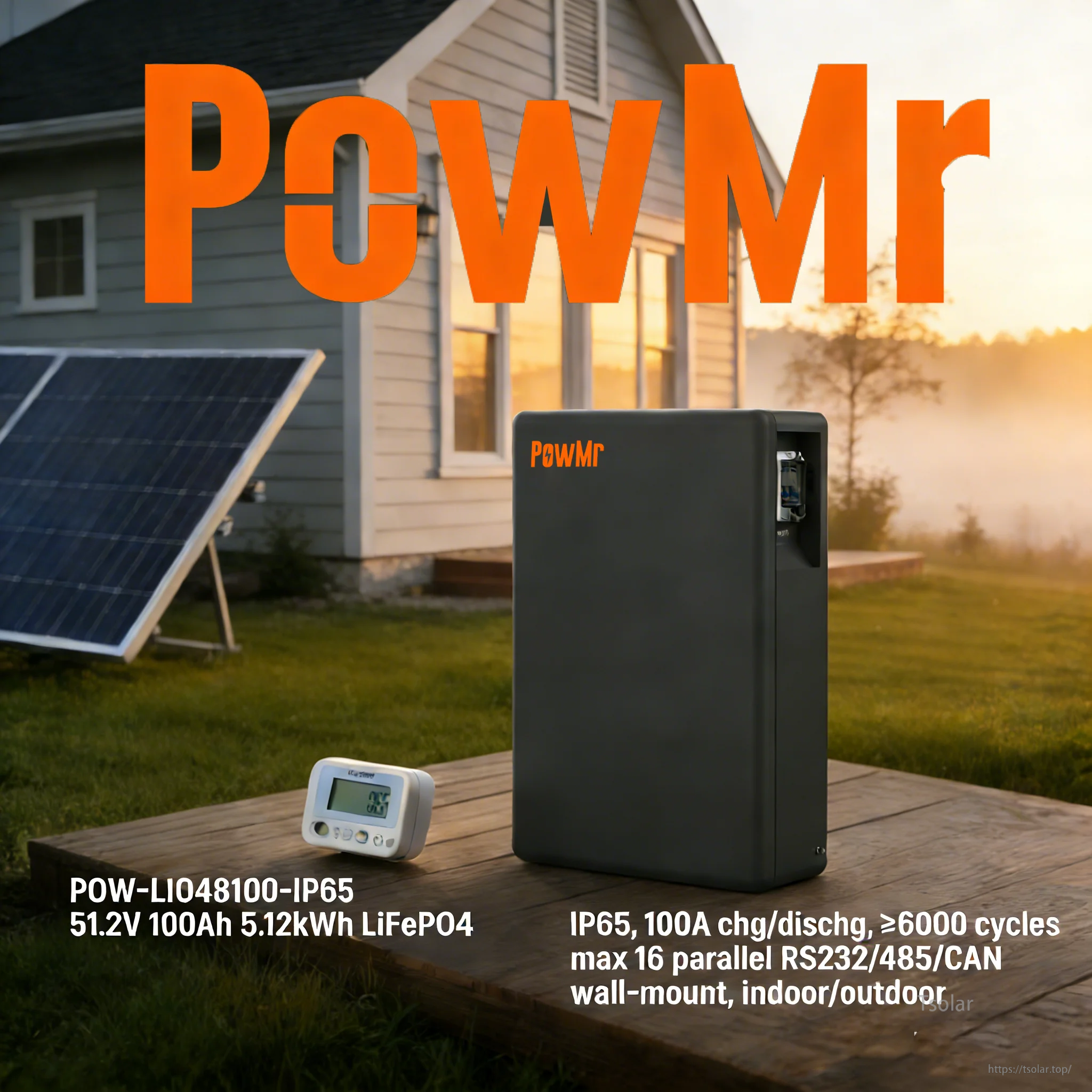 PowMr POW-LIO48100-IP65 51.2V 100Ah 5.12kWh LiFePO4 wall-mount battery for home solar storage