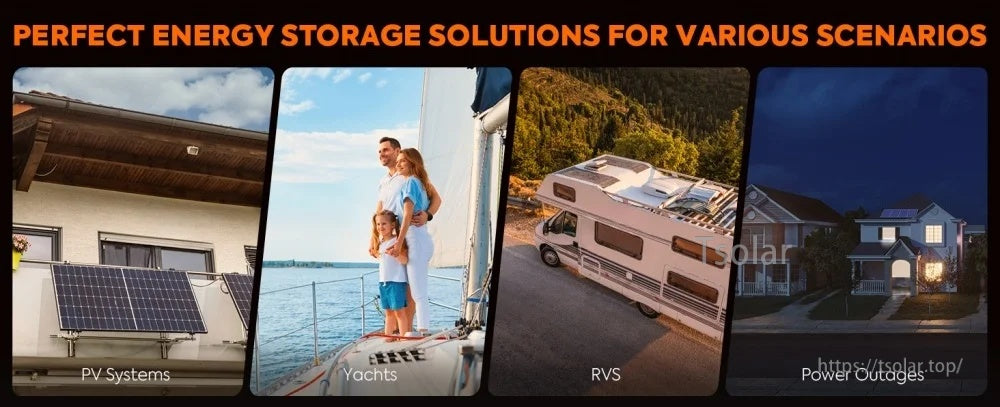 Application scenarios banner for energy storage: PV systems, yachts, RVs and home backup during power outages