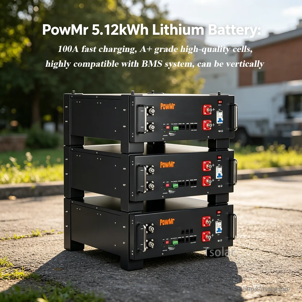 PowMr POW-LIO48100-3.5U LiFePO4 battery modules stacked vertically, 5.12kWh each, rack-style design