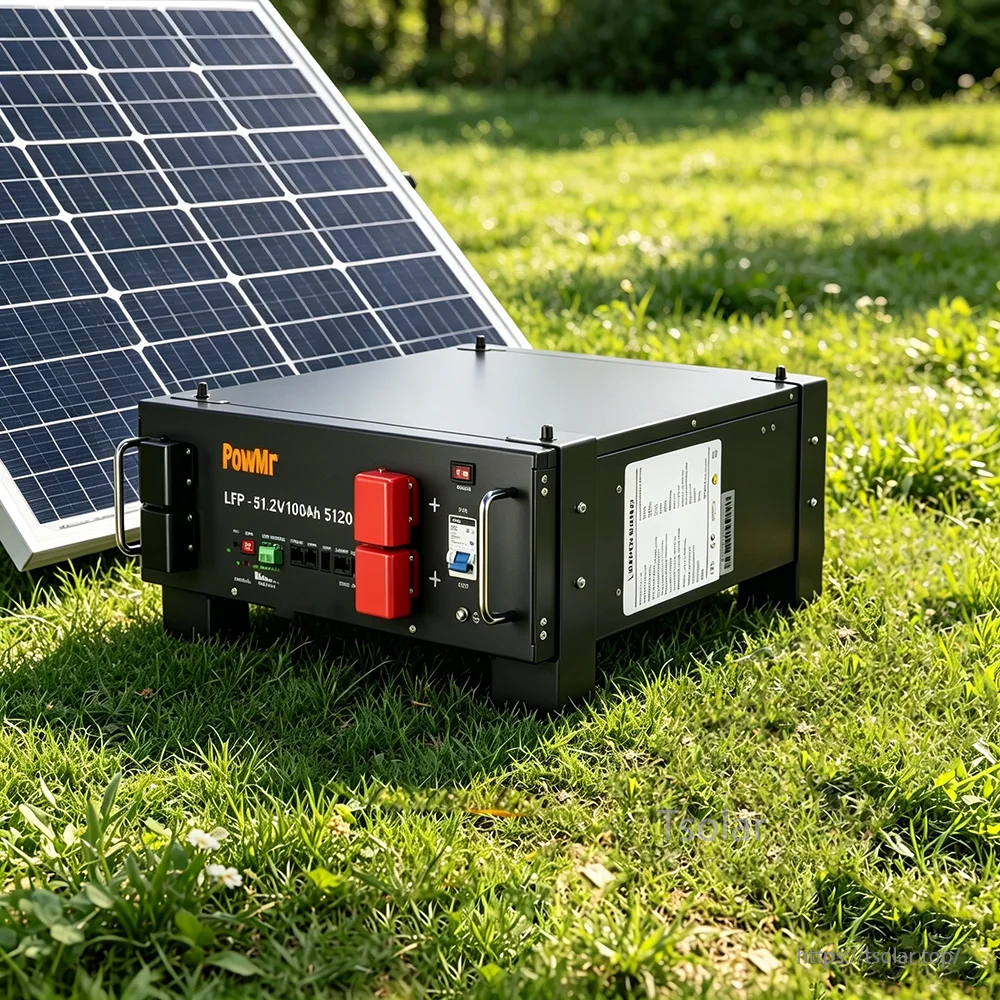 PowMr 51.2V 100Ah LiFePO4 battery placed beside a solar panel, with front terminals and handles visible