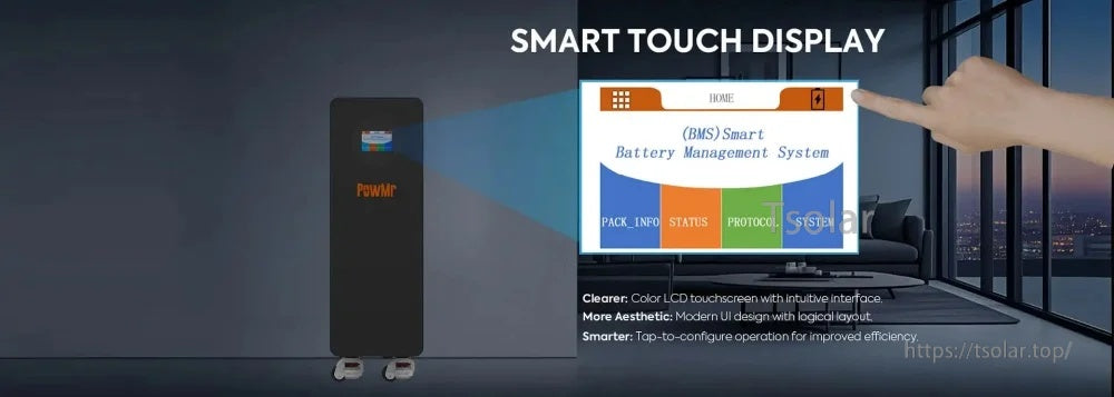 PowMr 51.2V 316Ah LiFePO4 battery with smart touch display for BMS monitoring and settings