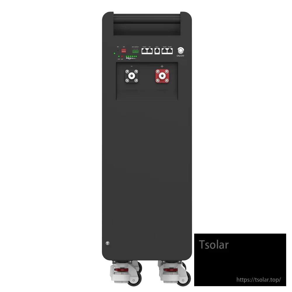 Rear view of battery cabinet showing DC power terminals, communication ports, LEDs, and on/off switch