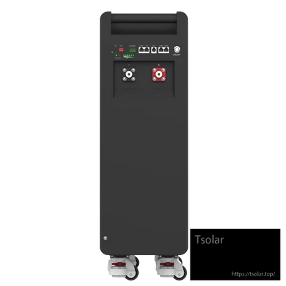 Rear view of battery cabinet showing DC power terminals, communication ports, LEDs, and on/off switch