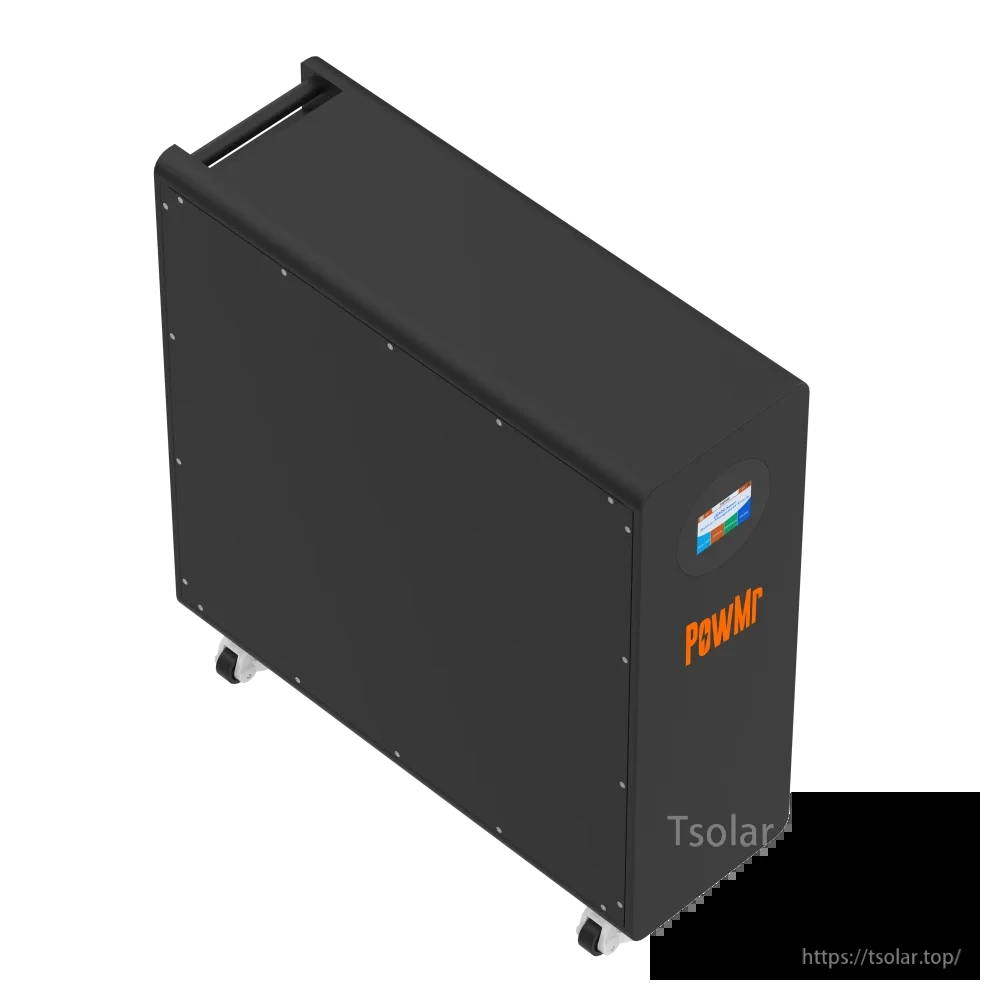 Top angled view of PowMr battery cabinet showing carry handle, side panel fasteners, and wheels