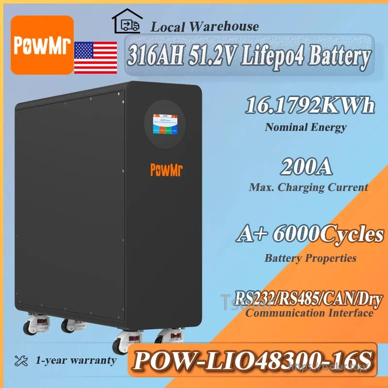 PowMr 316Ah 51.2V LiFePO4 battery spec graphic showing 16.1792kWh, 200A, RS232/485/CAN