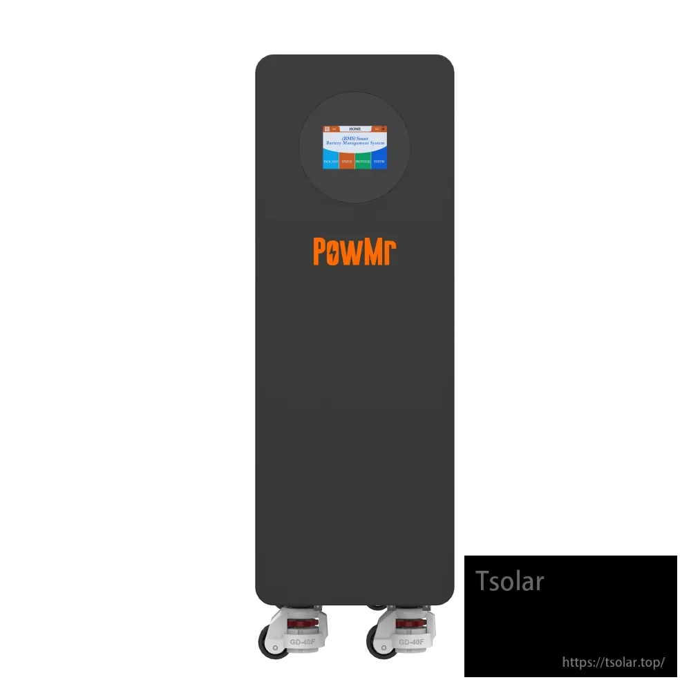 PowMr 51.2V 316Ah LiFePO4 battery front view with status display and logo, on wheels