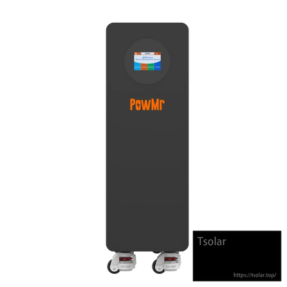PowMr 51.2V 316Ah LiFePO4 battery front view with status display and logo, on wheels