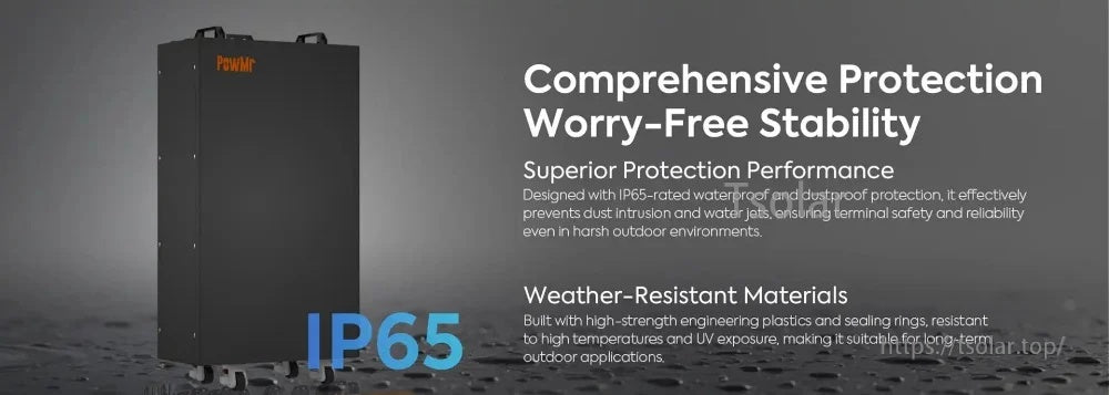 IP65 weather-resistant enclosure graphic for PowMr battery, highlighting dustproof protection and water-jet resistance