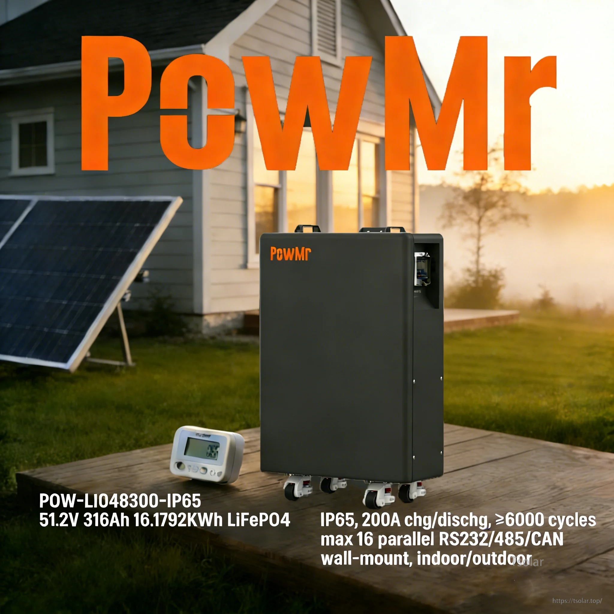 PowMr POW-LIO48300-IP65 51.2V 316Ah LiFePO4 home energy storage battery cabinet on wheels, IP65 rated