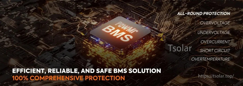 PowMr BMS protection graphic listing overvoltage, undervoltage, overcurrent, short circuit, and overtemperature safeguards