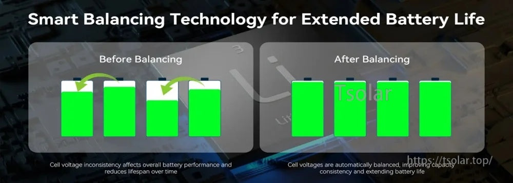 Active smart balancing illustration showing cell voltages before and after balancing for extended LiFePO4 battery life