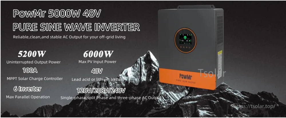 PowMr POW-SunSmart SP5.2K 48V pure sine wave inverter overview with 5200W output, 500V PV input and 100A MPPT