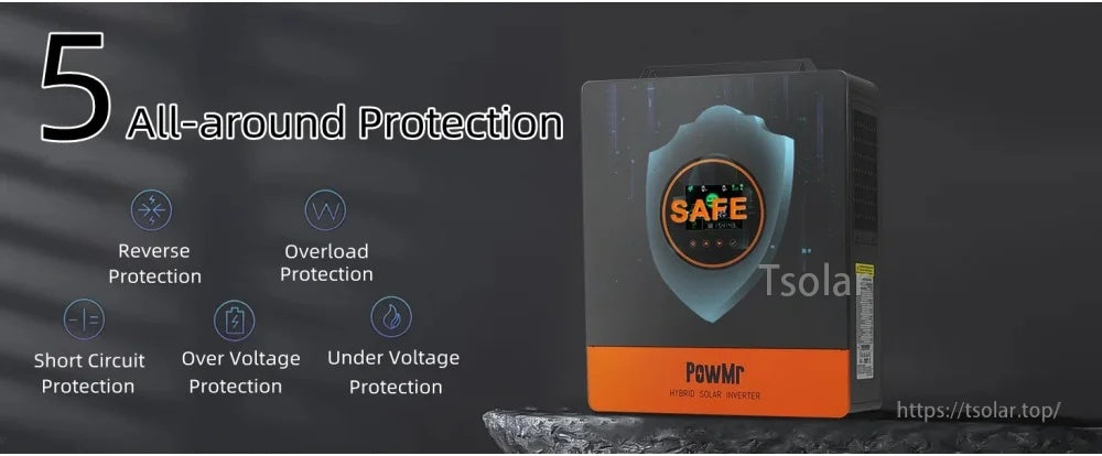 Protection features graphic listing reverse, overload, short-circuit, over-voltage and under-voltage protection