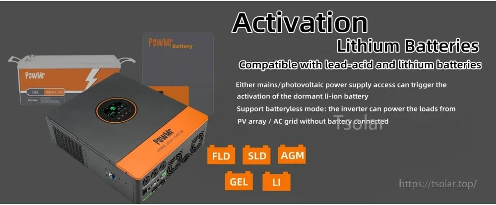 Battery compatibility graphic for lead-acid and lithium batteries, showing activation and supported battery types