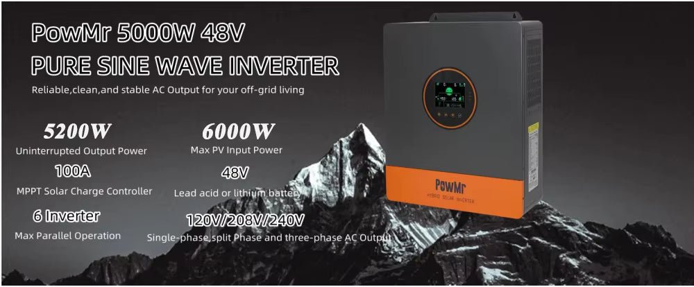 PowMr SP5.2K 5200W hybrid solar inverter, 48V pure sine wave with 100A MPPT and 6000W PV input