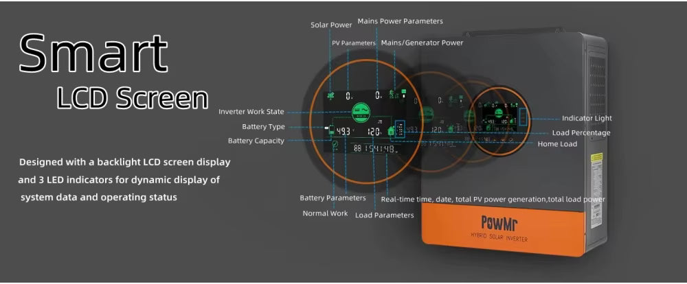 PowMr hybrid inverter smart LCD screen with backlight and 3 LED indicators for solar, mains, and battery status