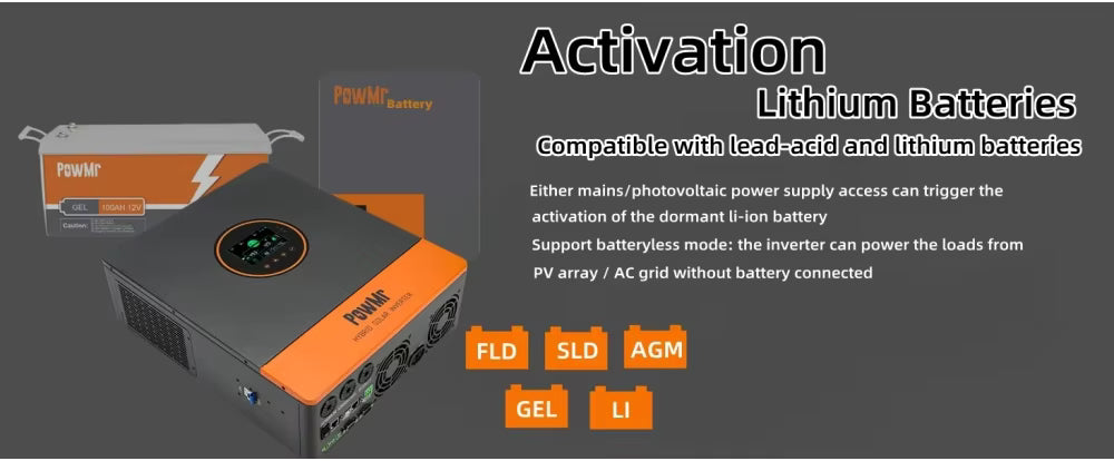 Battery activation and compatibility graphic for PowMr inverter, supporting lead-acid and lithium battery types plus batteryless mode