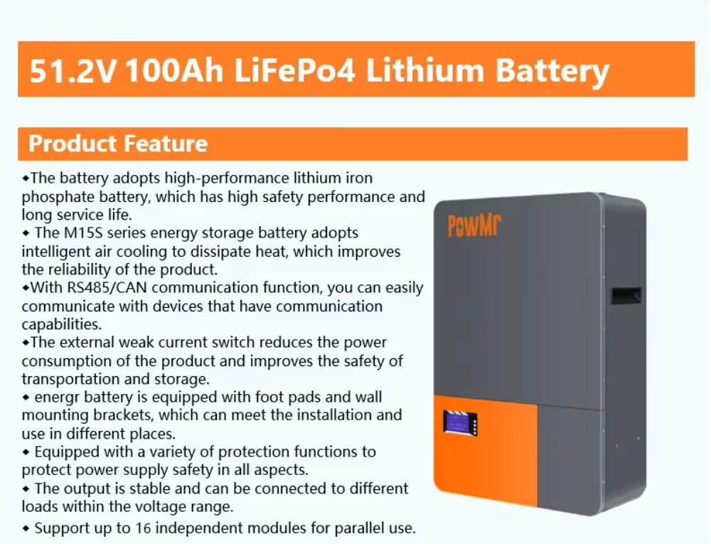 51.2V 100Ah LiFePO4 lithium battery product features listing RS485/CAN communication, air cooling, and wall-mount brackets