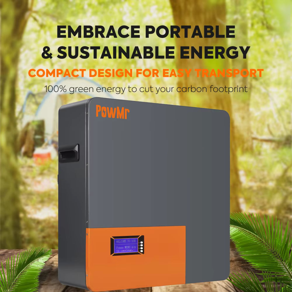 PowMr wall-mounted battery enclosure with compact design and front display window for home energy storage