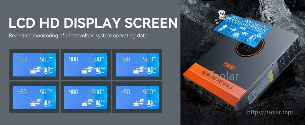LCD HD display interface for PowMr hybrid inverter, real-time PV, battery, and load status screens