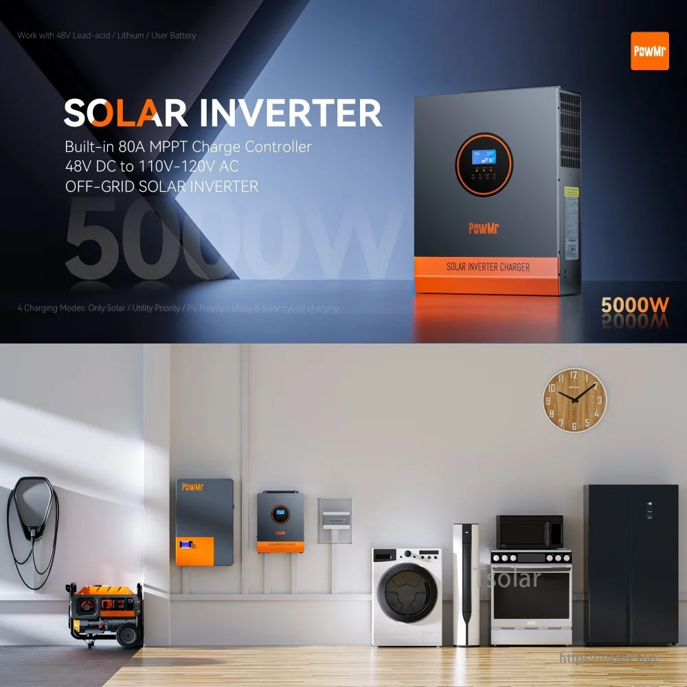 PowMr POW-LVM5K-48V-N 5kW 48V hybrid solar inverter with 80A MPPT, 110/120Vac output, max PV 500V