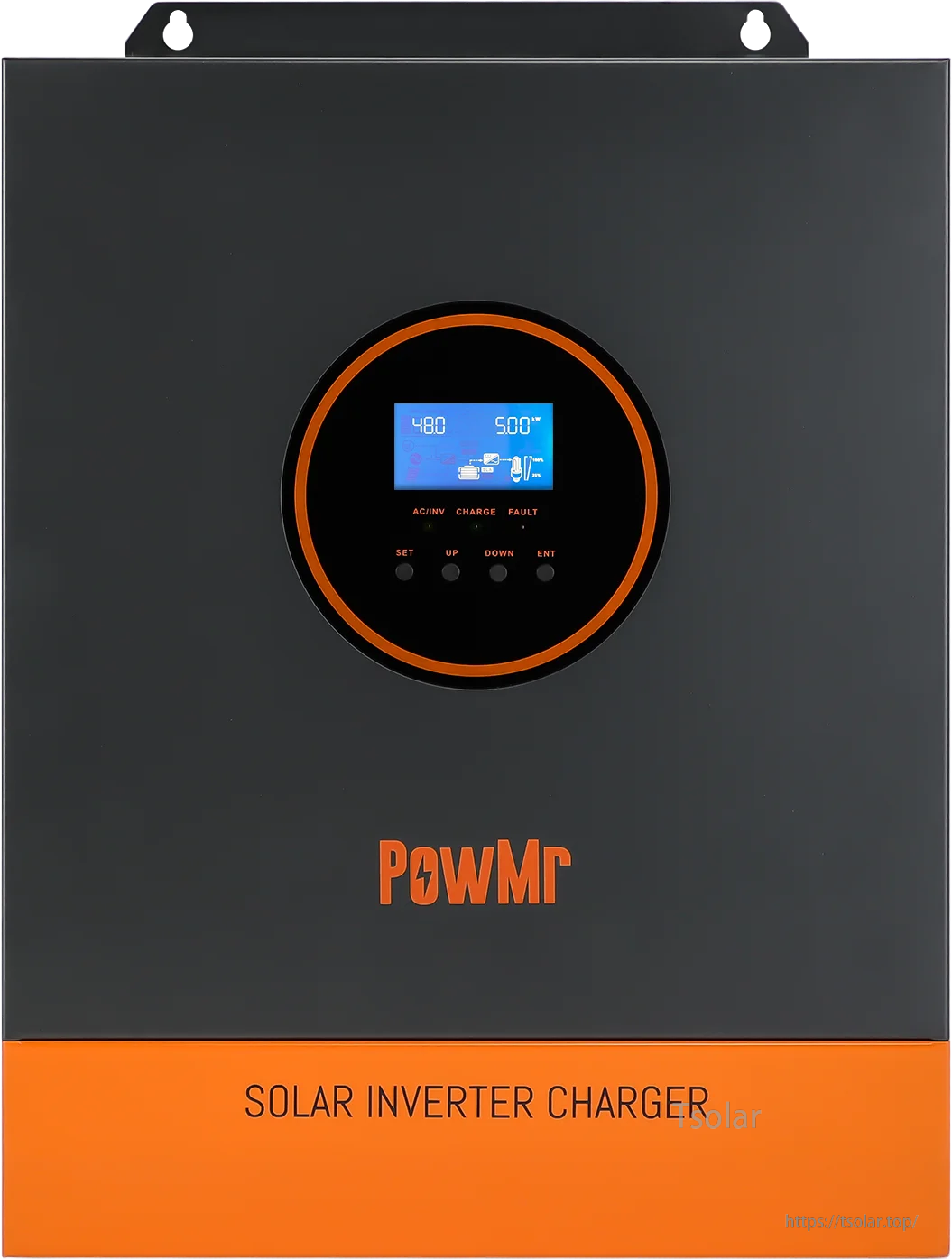 PowMr solar inverter charger front view with LCD screen and control buttons, POW-LVM5K-48V-N series