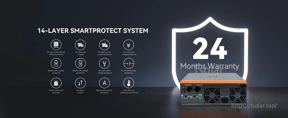 Rear view highlighting PowMr 14-layer SmartProtect protections and 24-month warranty badge with cooling fans and terminals