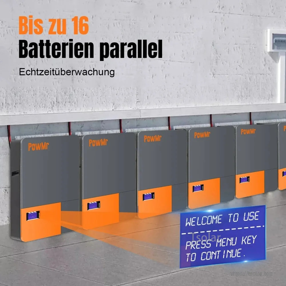 Multiple PowMr LiFePO4 batteries installed in parallel, supporting expansion up to 16 units for higher capacity