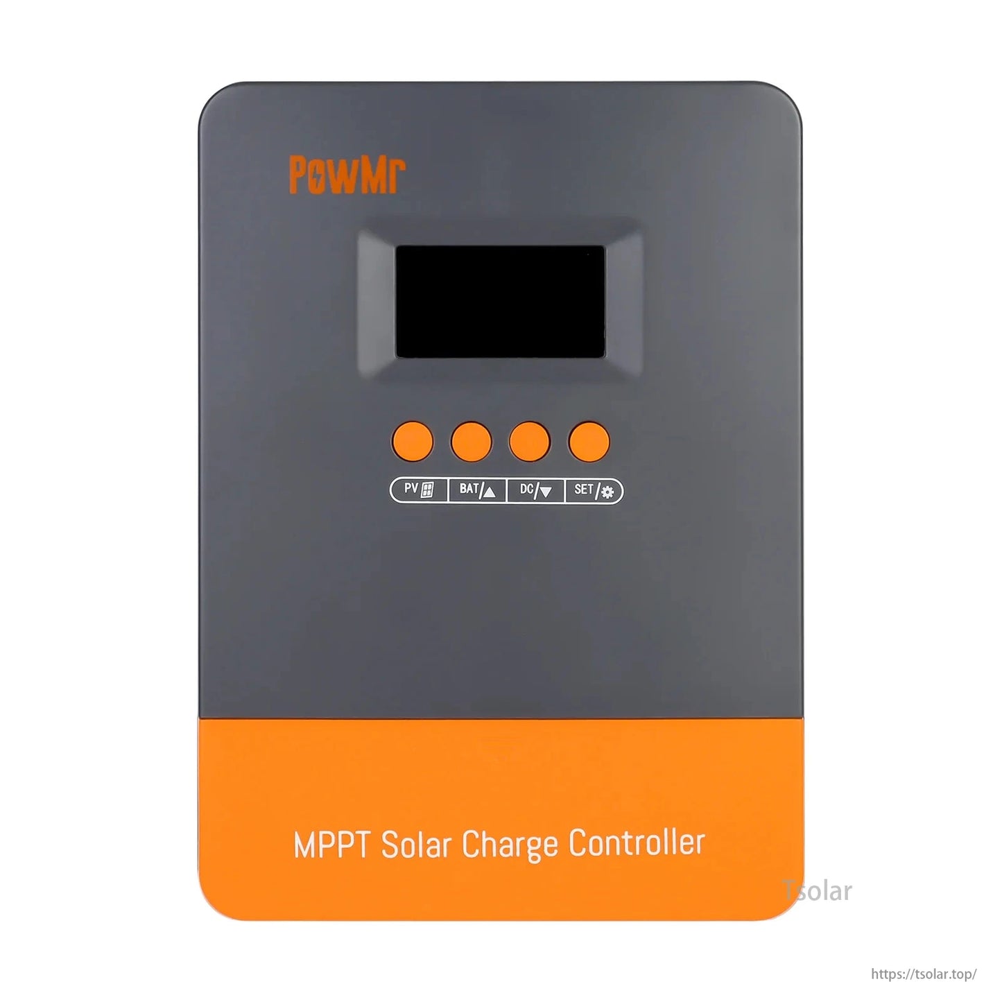 PowMr 60A MPPT Solar Charge Controller, PowMr 60A MPPT solar charge controller for off-grid systems (12V/24V/36V/48V). Includes PV, BAT, DC, SET indicators and display screen.
