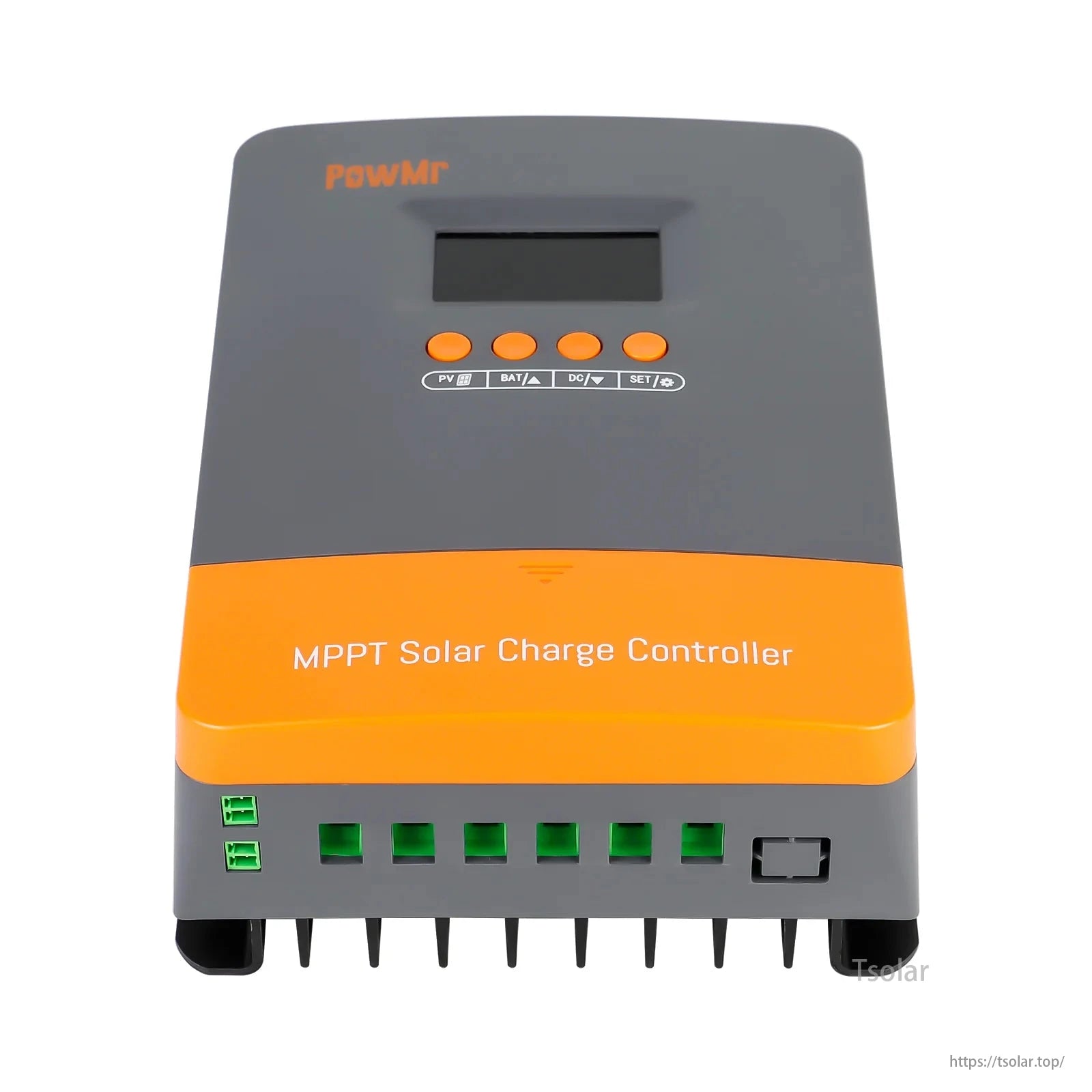 PowMr 60A MPPT Solar Charge Controller for off-grid systems (12V/24V/36V/48V), with PV, BAT, DC, SET controls and digital display.