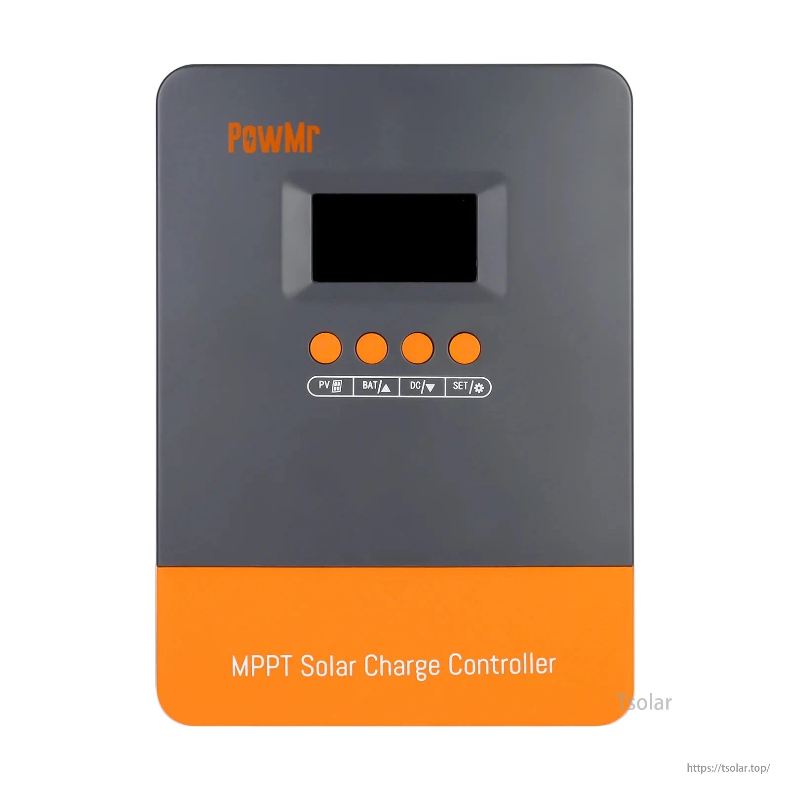 PowMr 60A MPPT solar charge controller with indicators (PV, BAT, DC, SET) and orange/gray design.