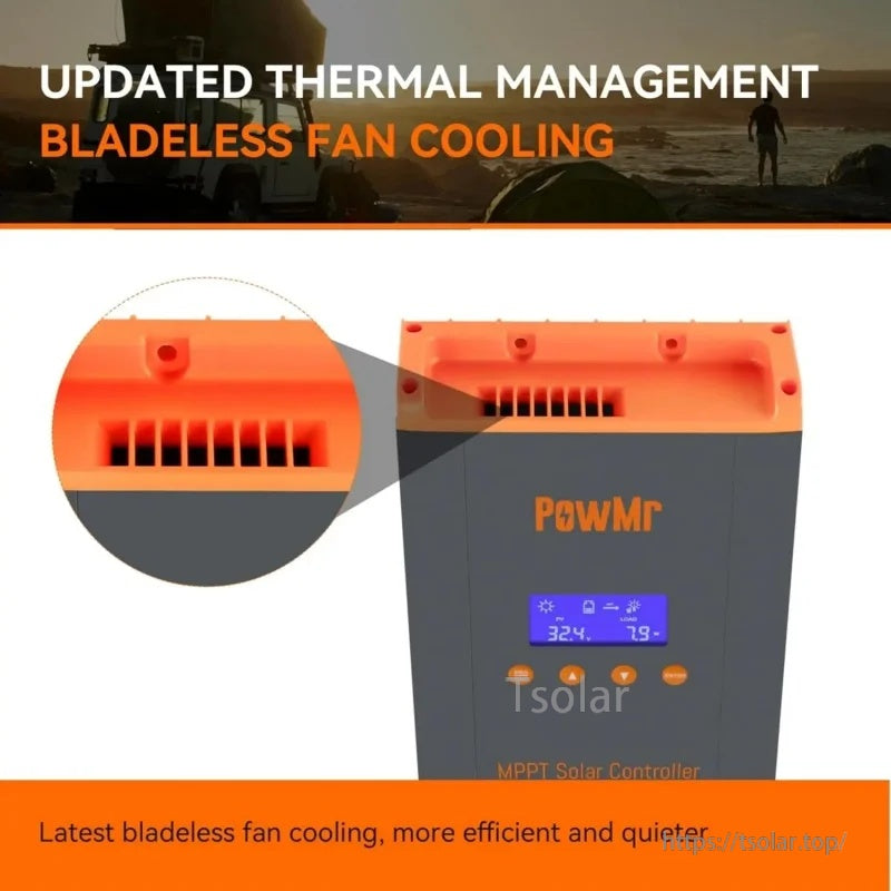 Top vent close-up on PowMr solar charge controller highlighting updated thermal management with internal fan cooling