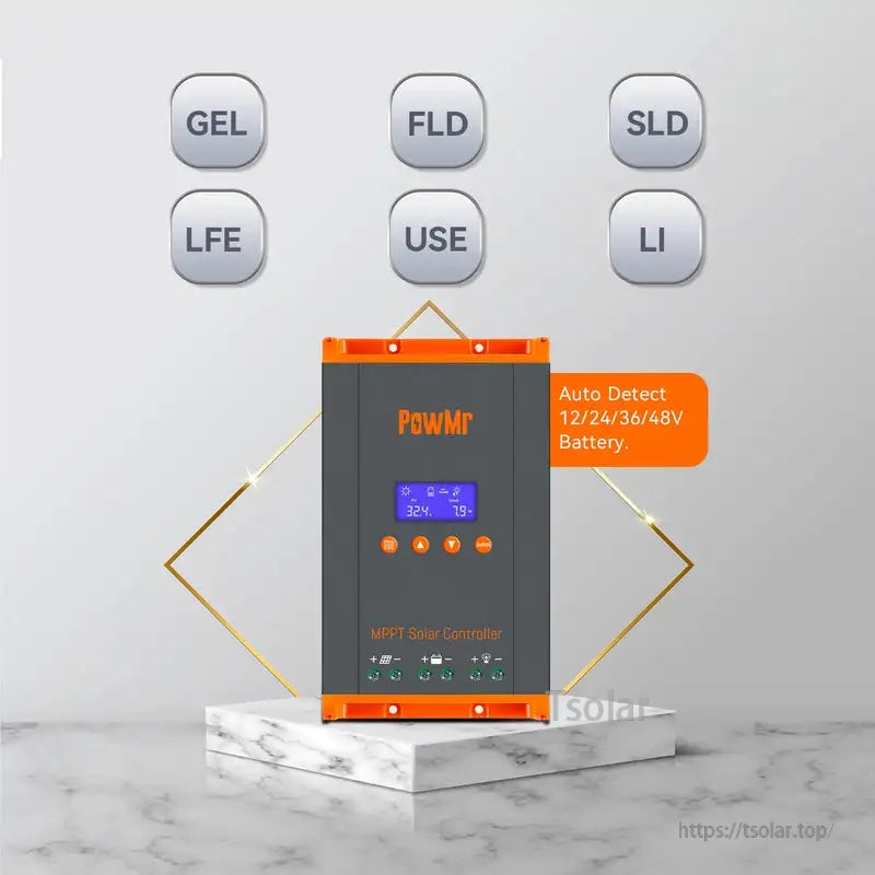 PowMr controller battery type selections (GEL, FLD, SLD, LFE, LI, USE) with 12V/24V/36V/48V auto detect