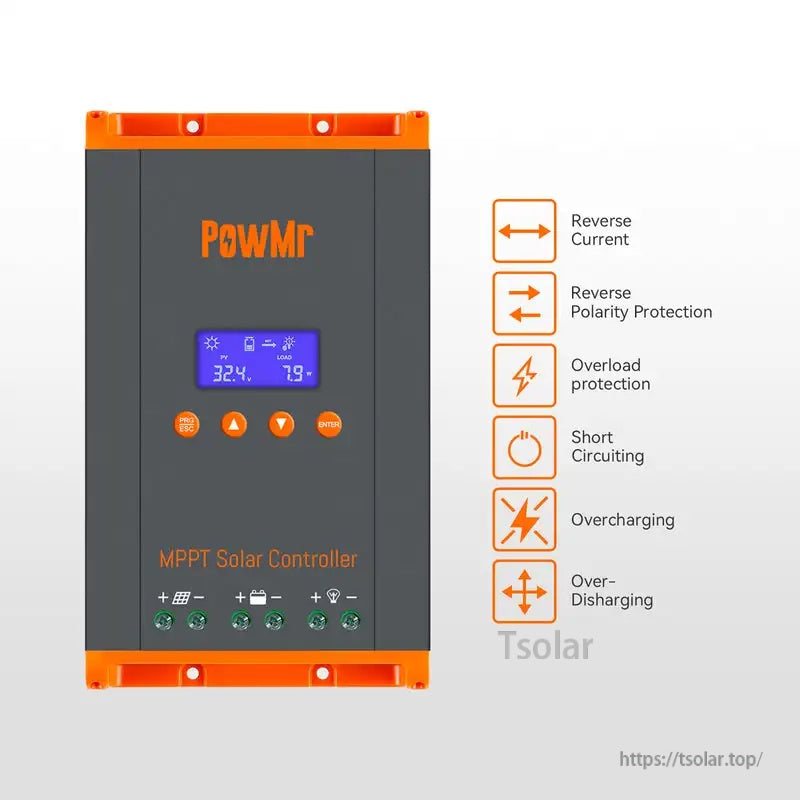 Protection features list next to PowMr MPPT solar controller: reverse polarity, overload, short circuit, overcharge