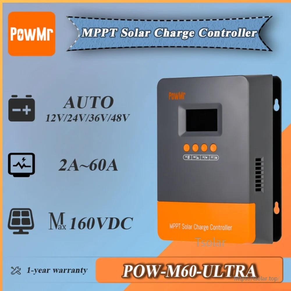 PowMr POW-M60-ULTRA 60A MPPT solar charge controller with auto 12/24/36/48V and 160V PV input