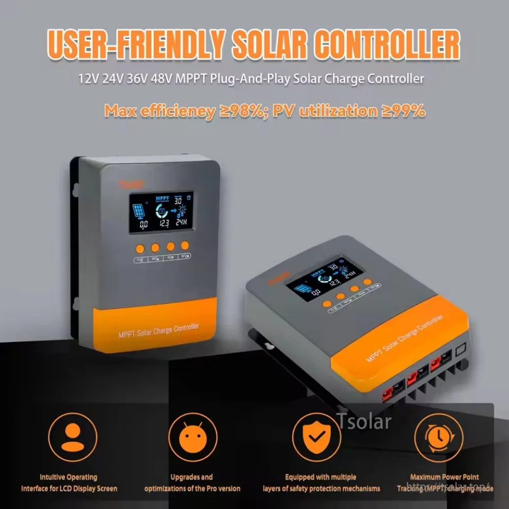 PowMr MPPT solar charge controller front and angled views with LCD and four control buttons