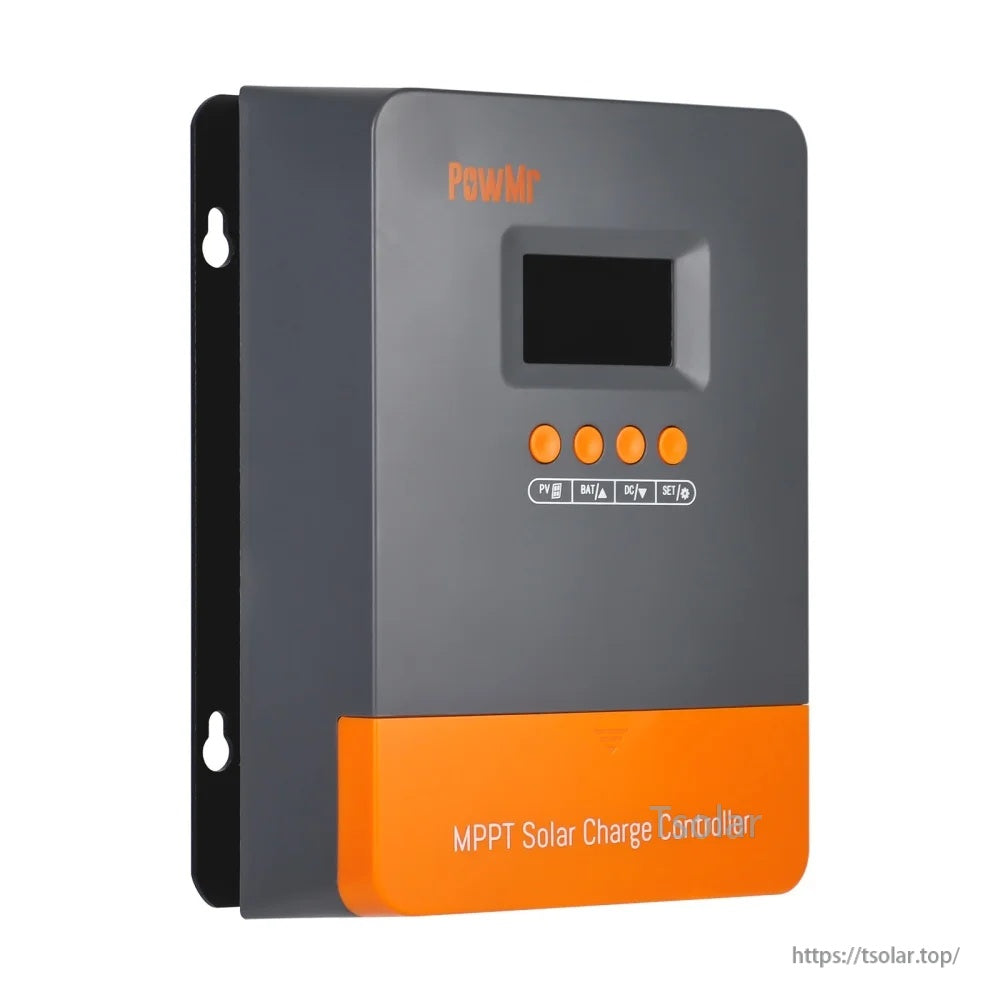 Front view of PowMr MPPT solar charge controller housing with wall-mount bracket and LCD window