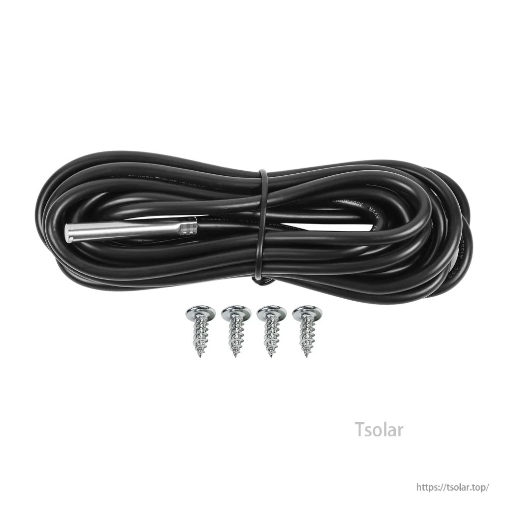 Included temperature sensor probe cable and mounting screws for PowMr solar charge controller