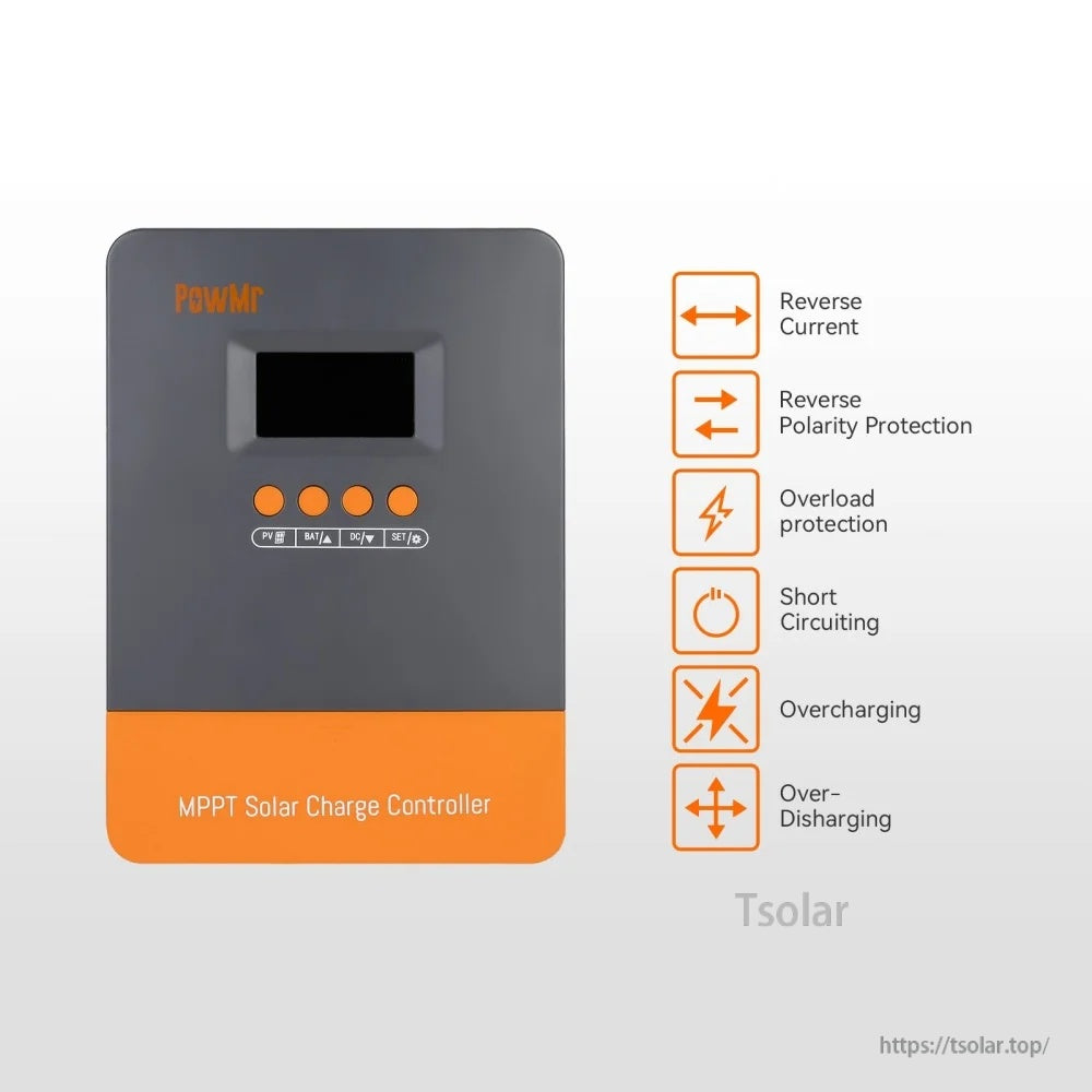 Protection features listed for PowMr MPPT solar controller: reverse current, polarity, overload, short circuit, overcharge