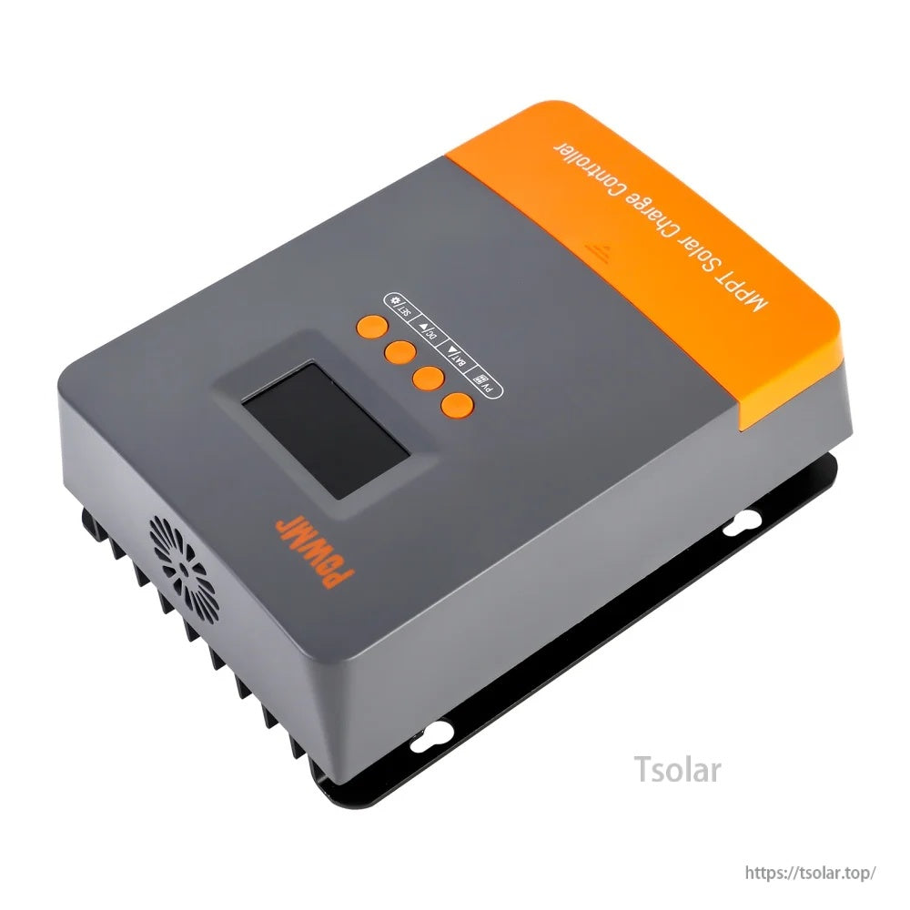 Angled top view of PowMr MPPT solar charge controller showing side cooling vent and mounting plate