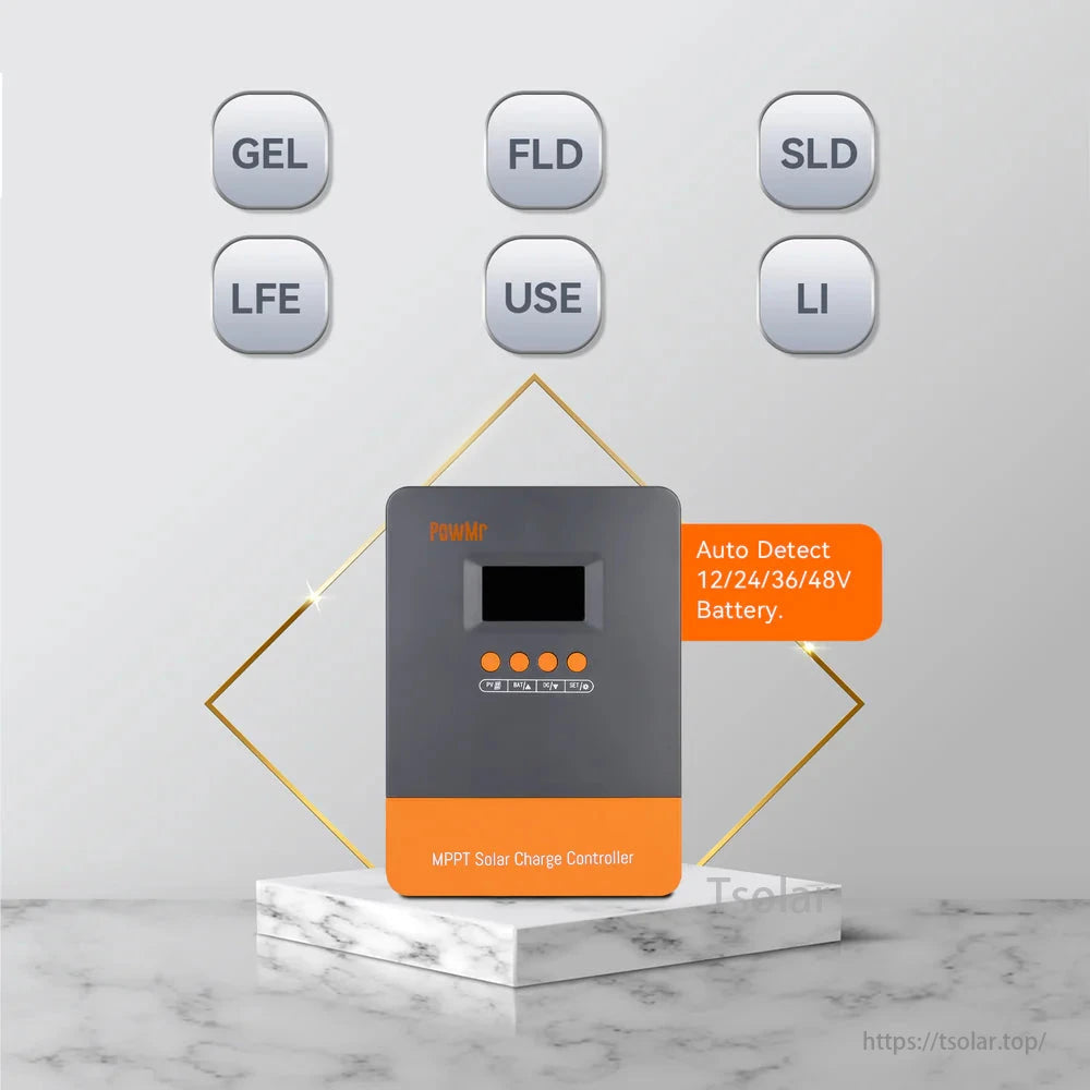 PowMr 60A MPPT Solar Charge Controller automatically detects and supports 12/24/36/48V batteries, ensuring efficient charging.