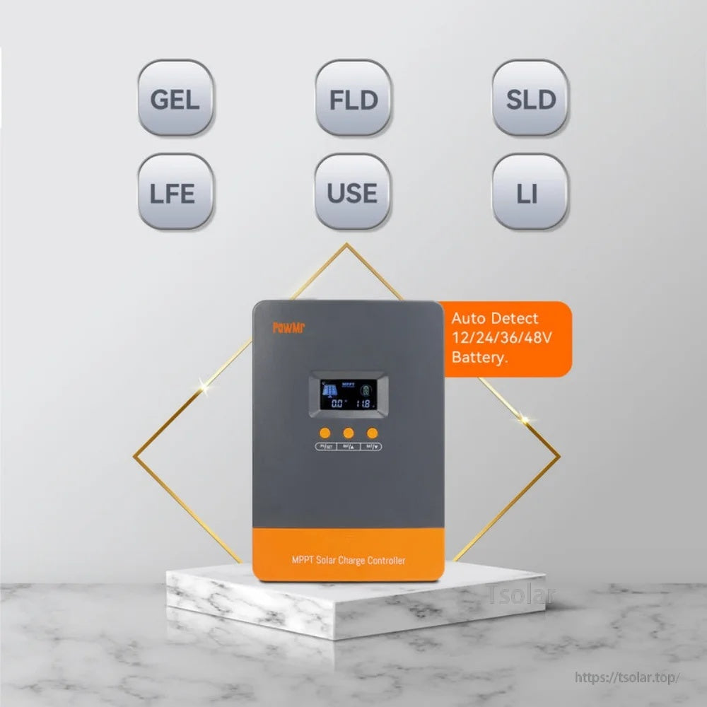 PowMr controller with battery type options (GEL, FLD, SLD, LFE, LI, USE) and auto 12/24/36/48V detect