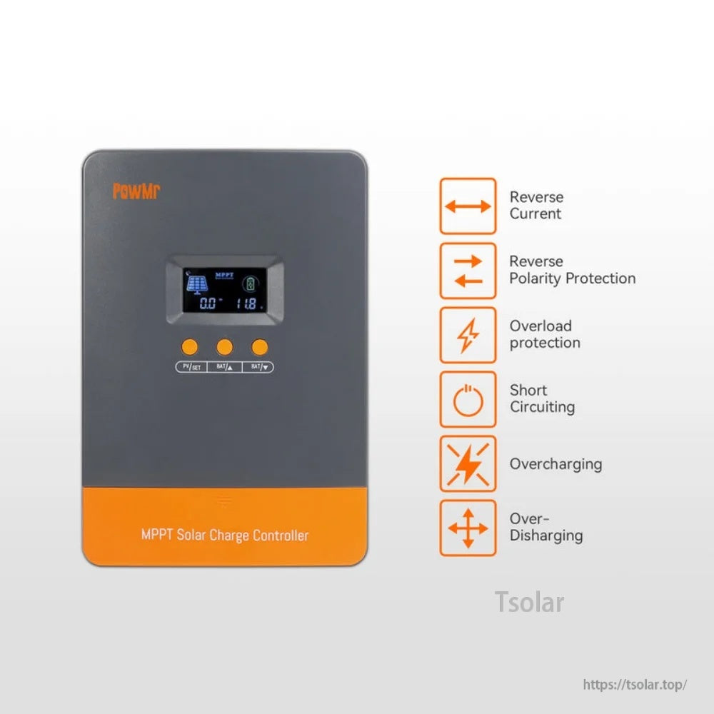 PowMr MPPT solar charge controller with protection features icons: reverse current/polarity, overload, short circuit, overcharge