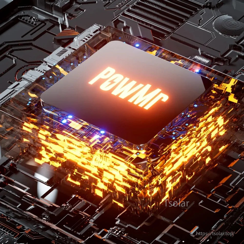 PowMr MPPT control chip graphic representing fast tracking performance in the solar charge controller